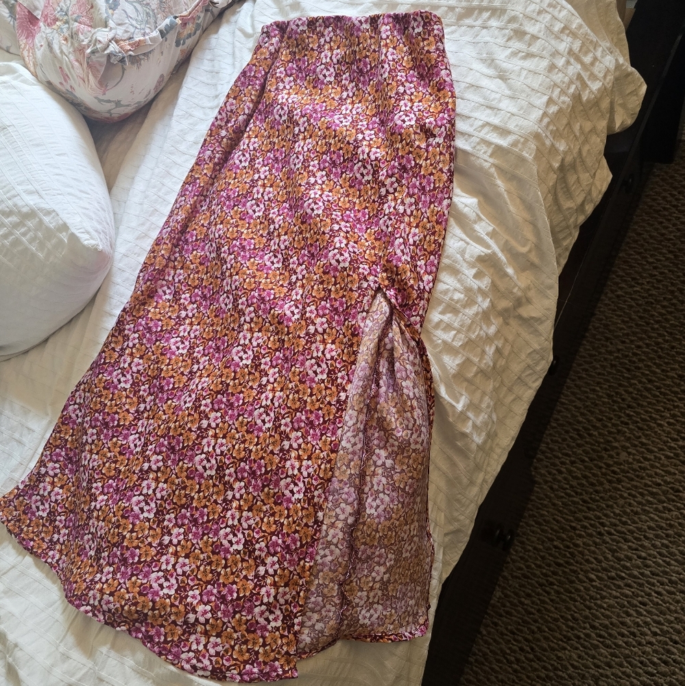 Francesca's Collections Floral Midi Skirt in Purple and Gold And Pink